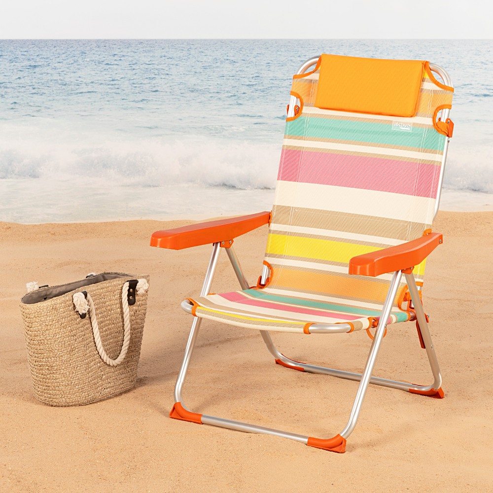 Silla De Playa Plegable Y Reclinable Aktive Con 5 Posiciones Multicolor C/cojín Y Asa Hombro