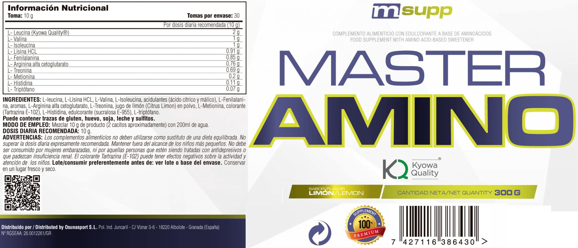 Master Amino - 300g De Mm Supplements Sabor Limon