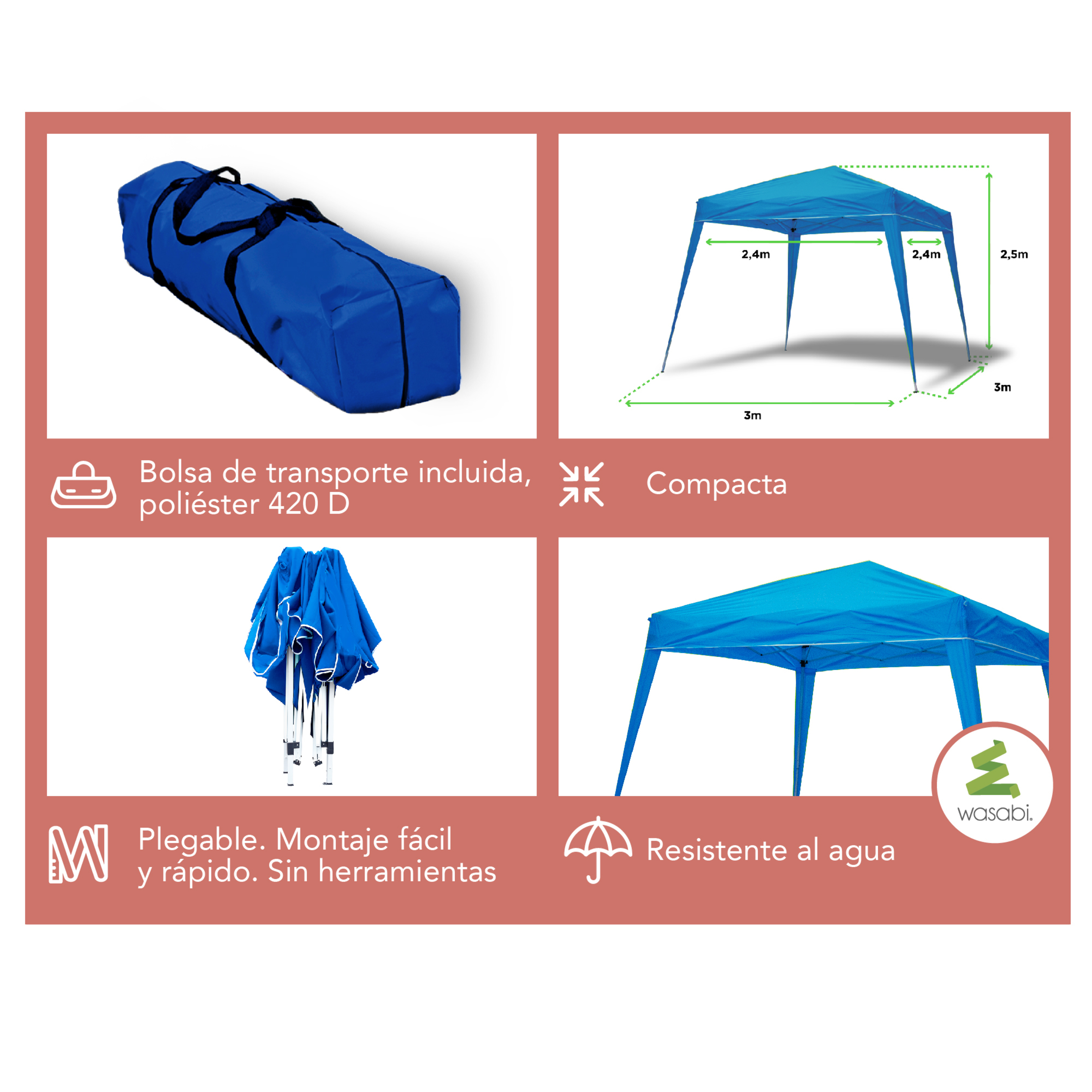 Carpa Wasabi Compact 3x3m De Aluminio Plegable Azul