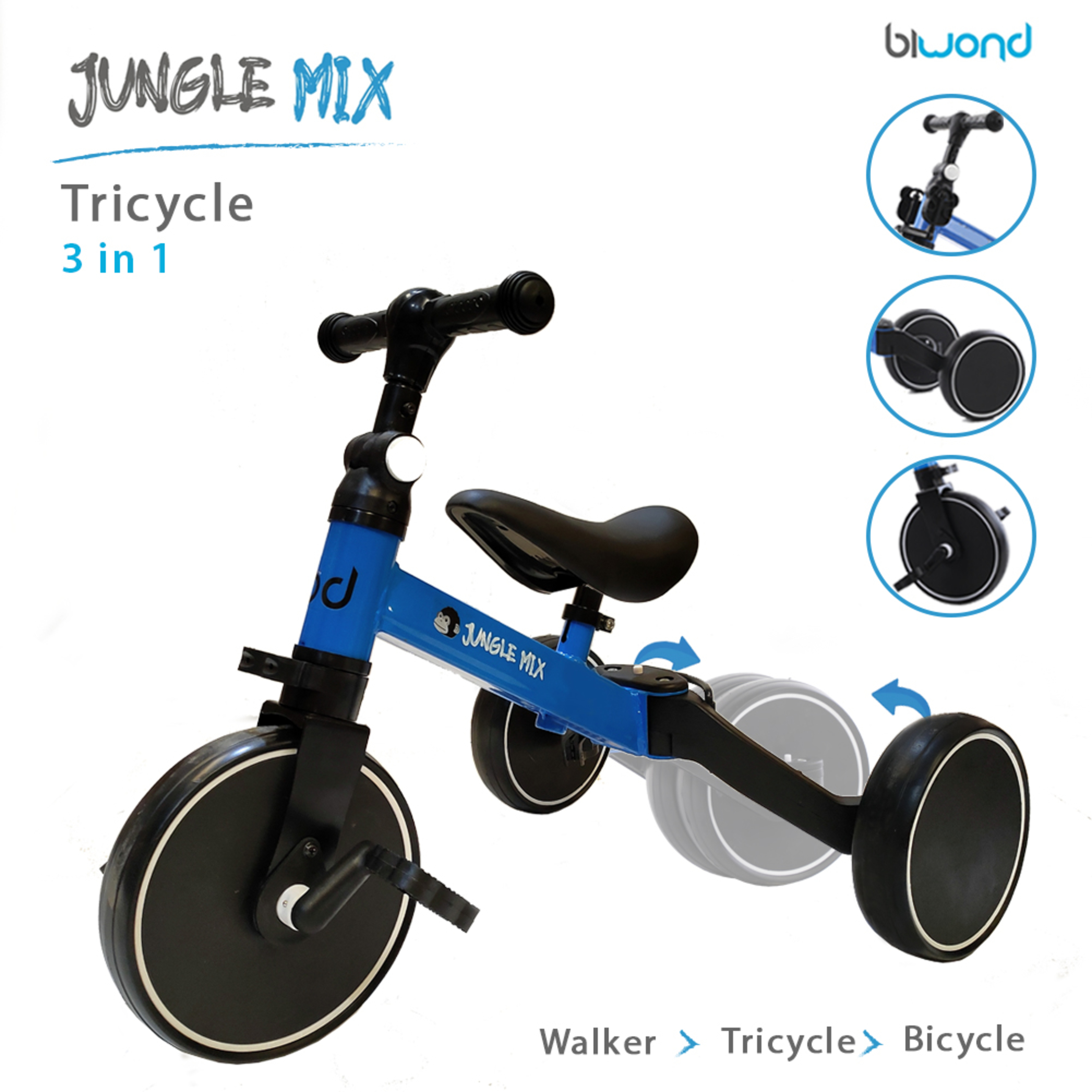 Triciclo Infantil Convertible 3 En 1 Jungle Mix Azul Biwond - azul  MKP
