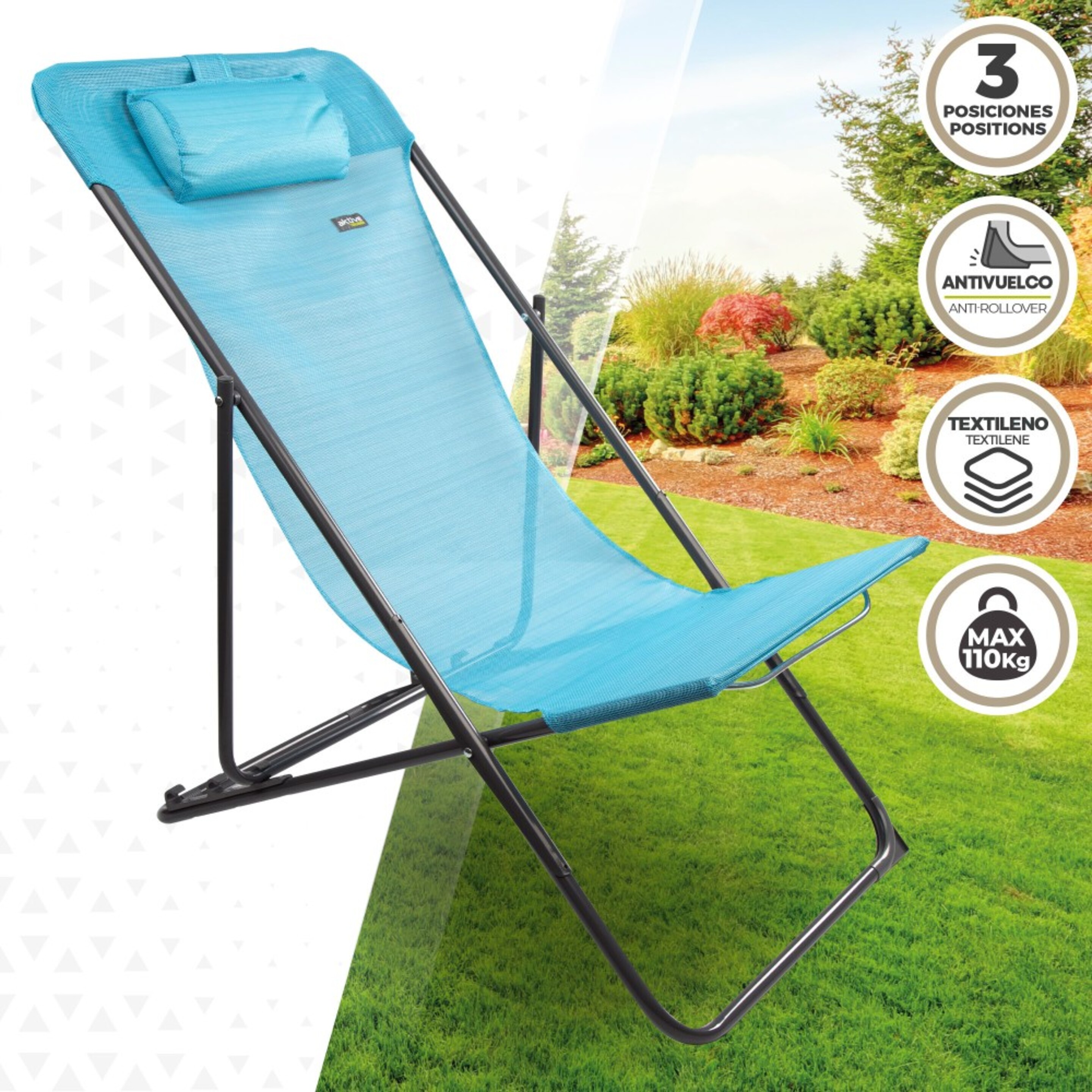 Cadeira De Jardim Dobrável Azul Multiposições C/almofada Aktive | Sport Zone MKP