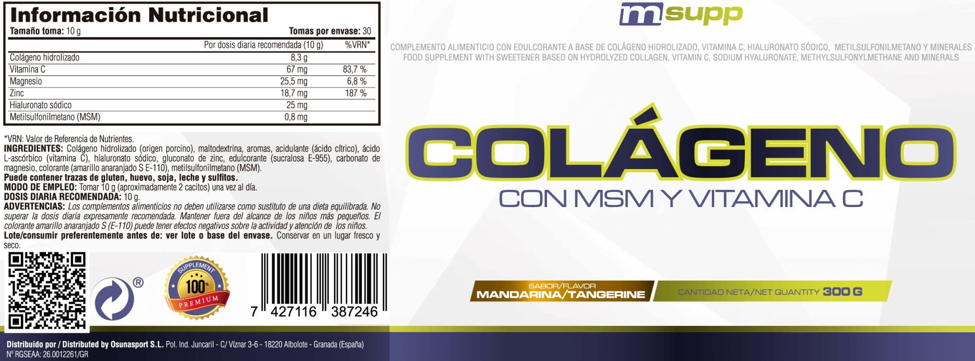 Colágeno Con Msm Y Vitamina C - 300g De Mm Supplements Sabor Mandarina