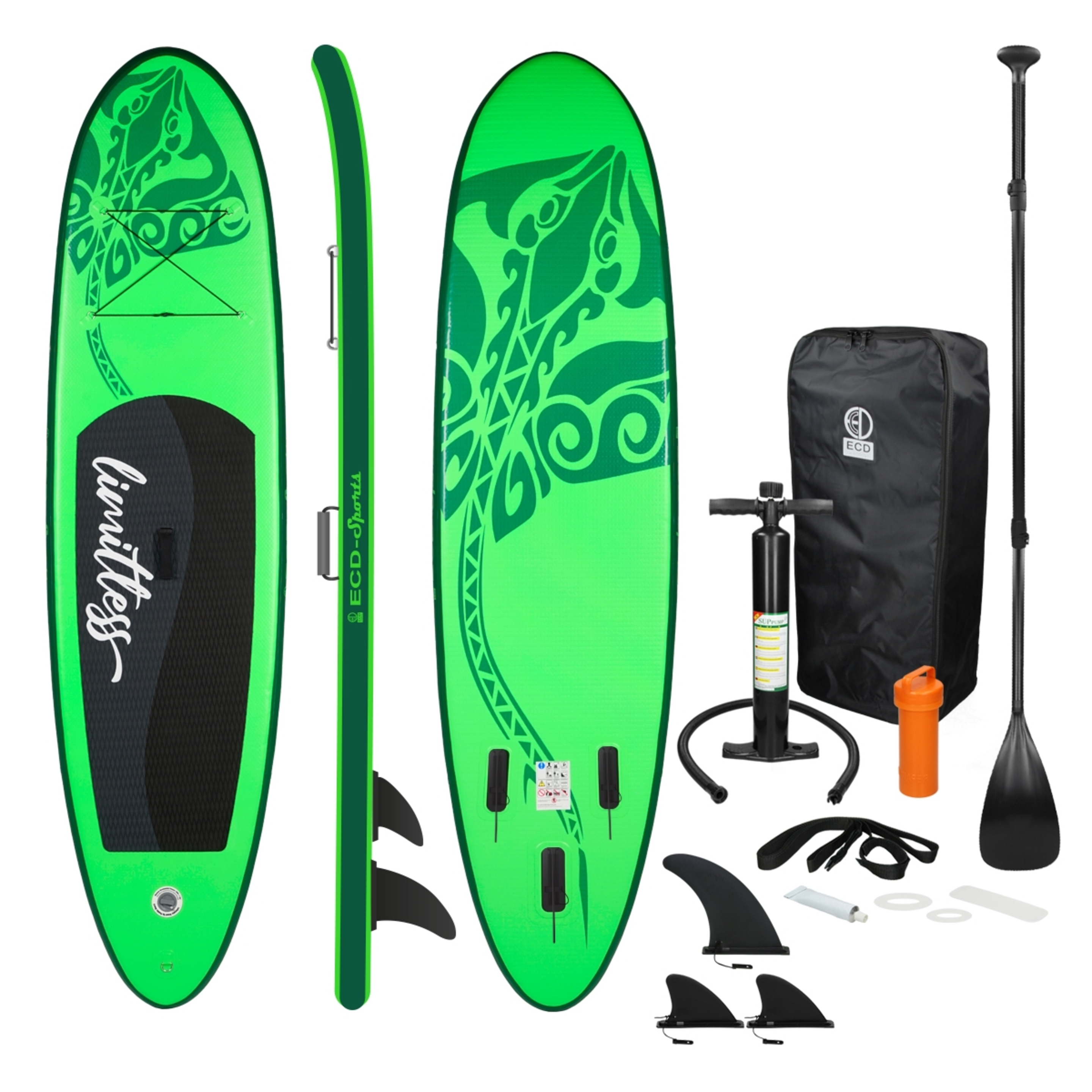 Prancha De Surf Stand Up Sem Limites Tábua De Suportes Insuflável Verde 308x76x10cm Incluindo Acessórios