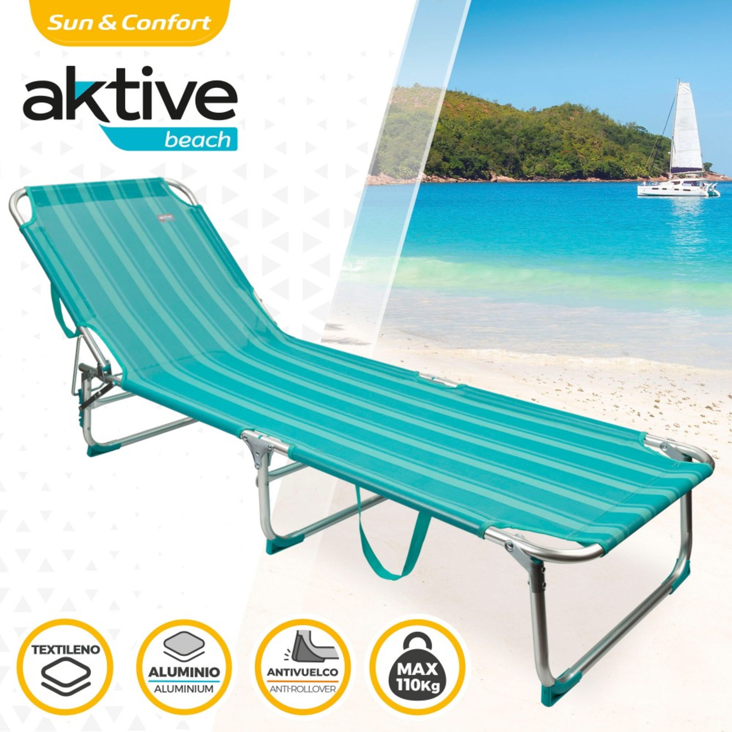 Tumbona Plegable De Aluminio 3 Posiciones Aktive Beach - Azul - Tumbona De Playa Aktive  MKP