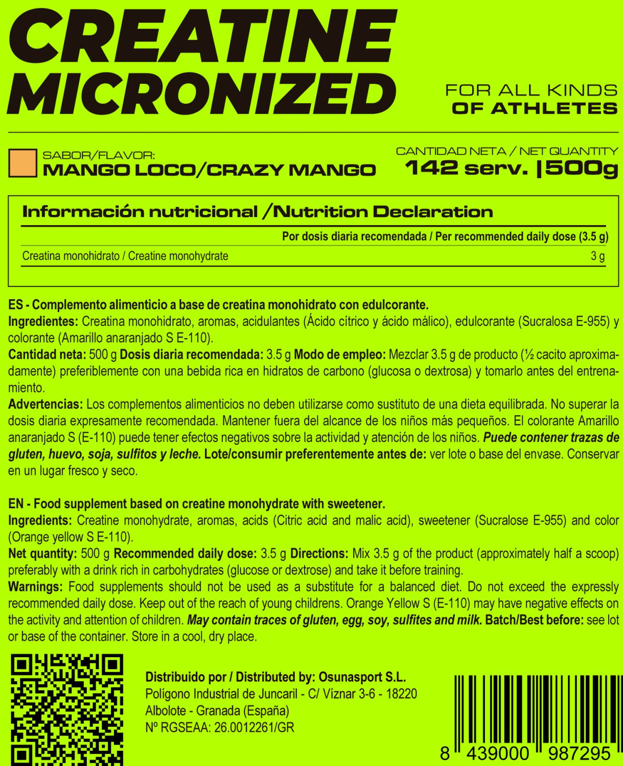 Creatina Micronizada 200 Mesh - 500g De Masmusculo Fit Line Sabor Mango Loco  MKP