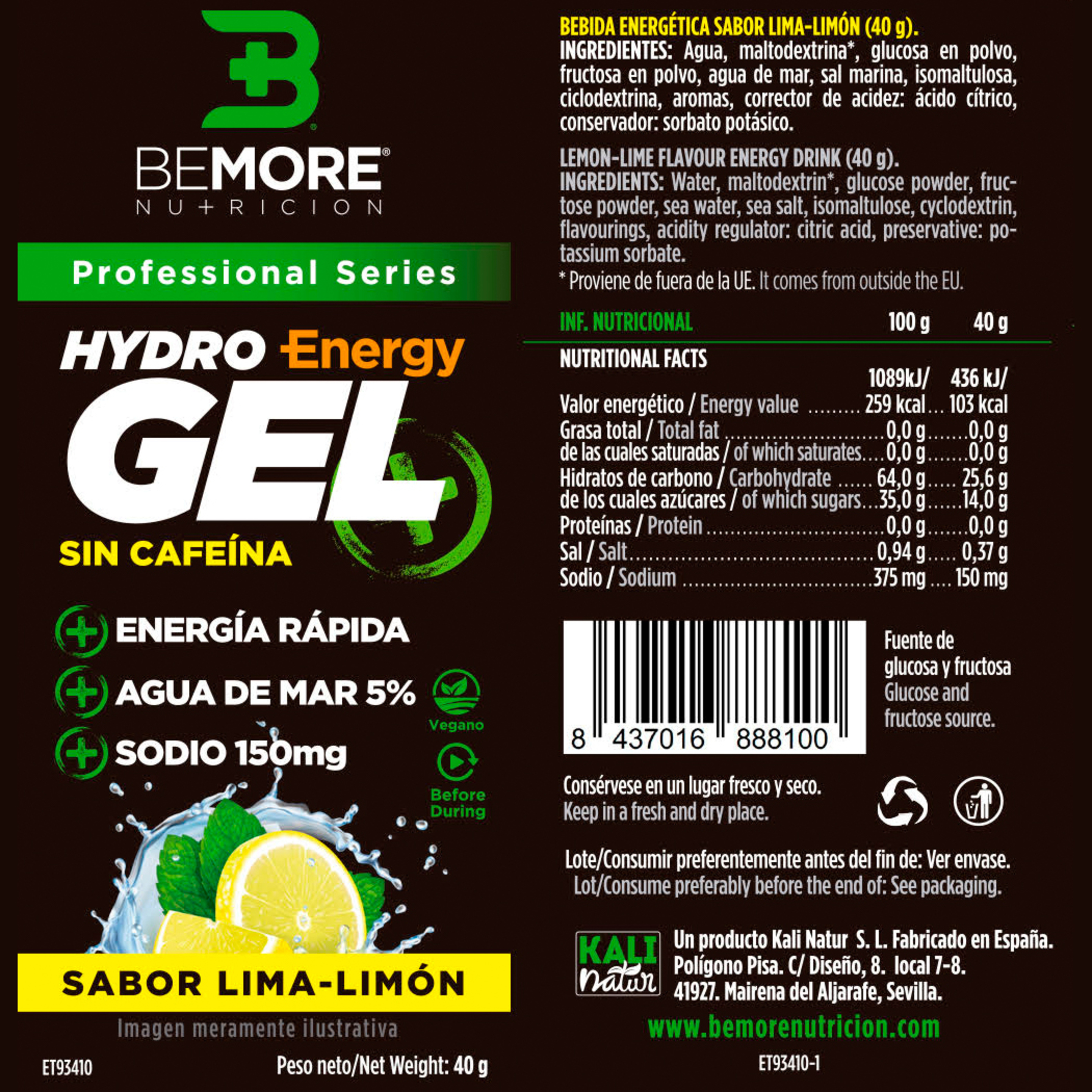 Hydrogel Energético +energy Sin Cafeína. Sabor Lima-limón. 40g Caja 20 Unidades