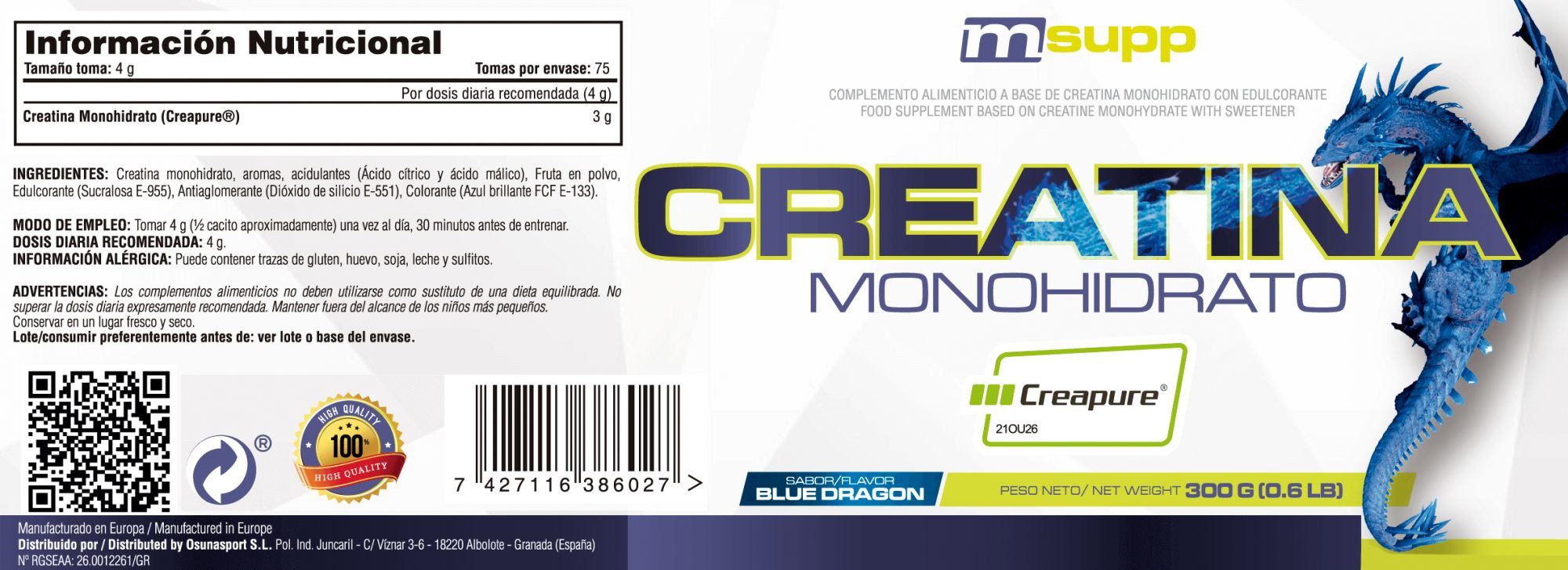Creatina (Creapure®) - 300g De Mm Supplements Sabor Blue Dragon