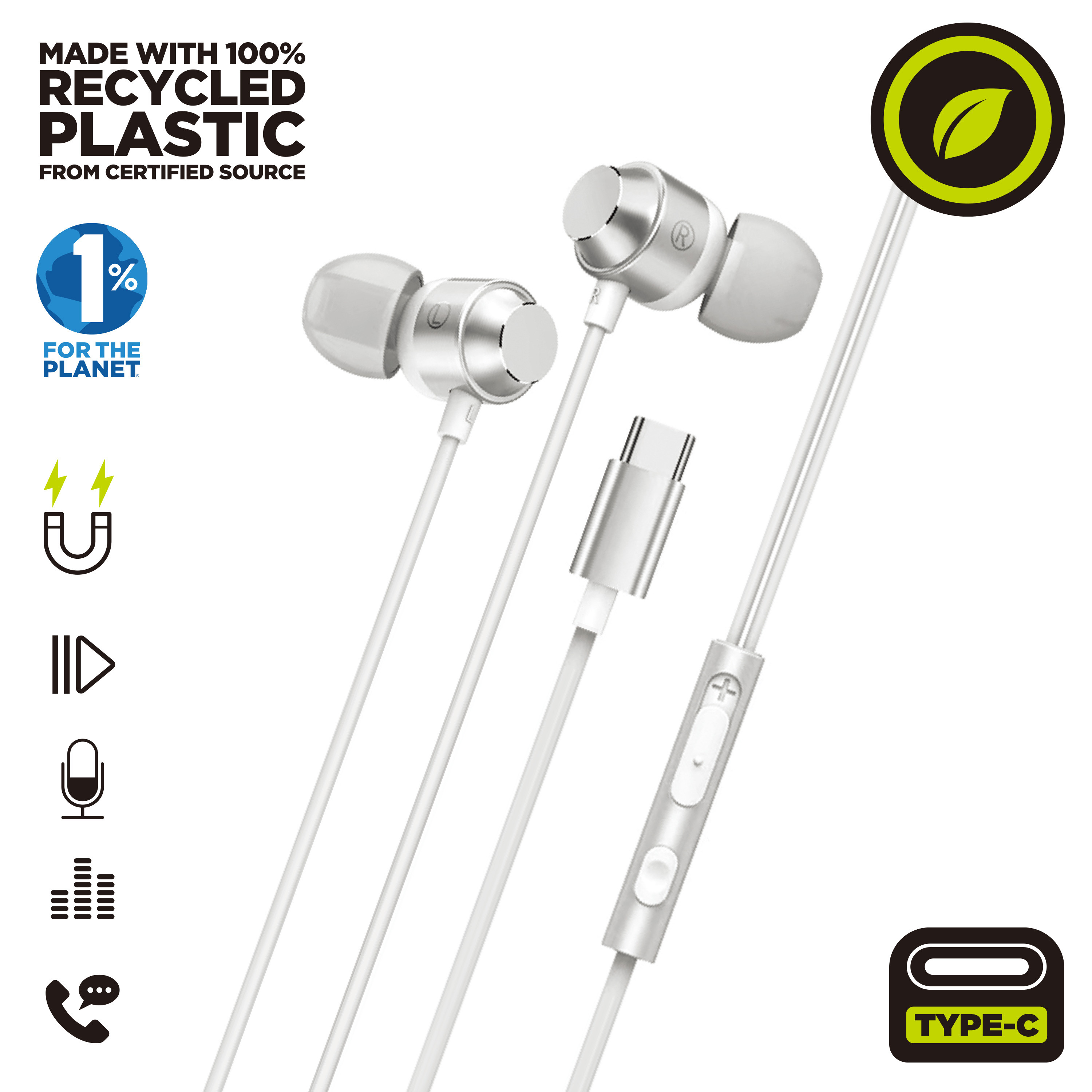 Auriculares Muvit For Charge Estéreo M32 Tipo C Magnéticos - Blanco  MKP
