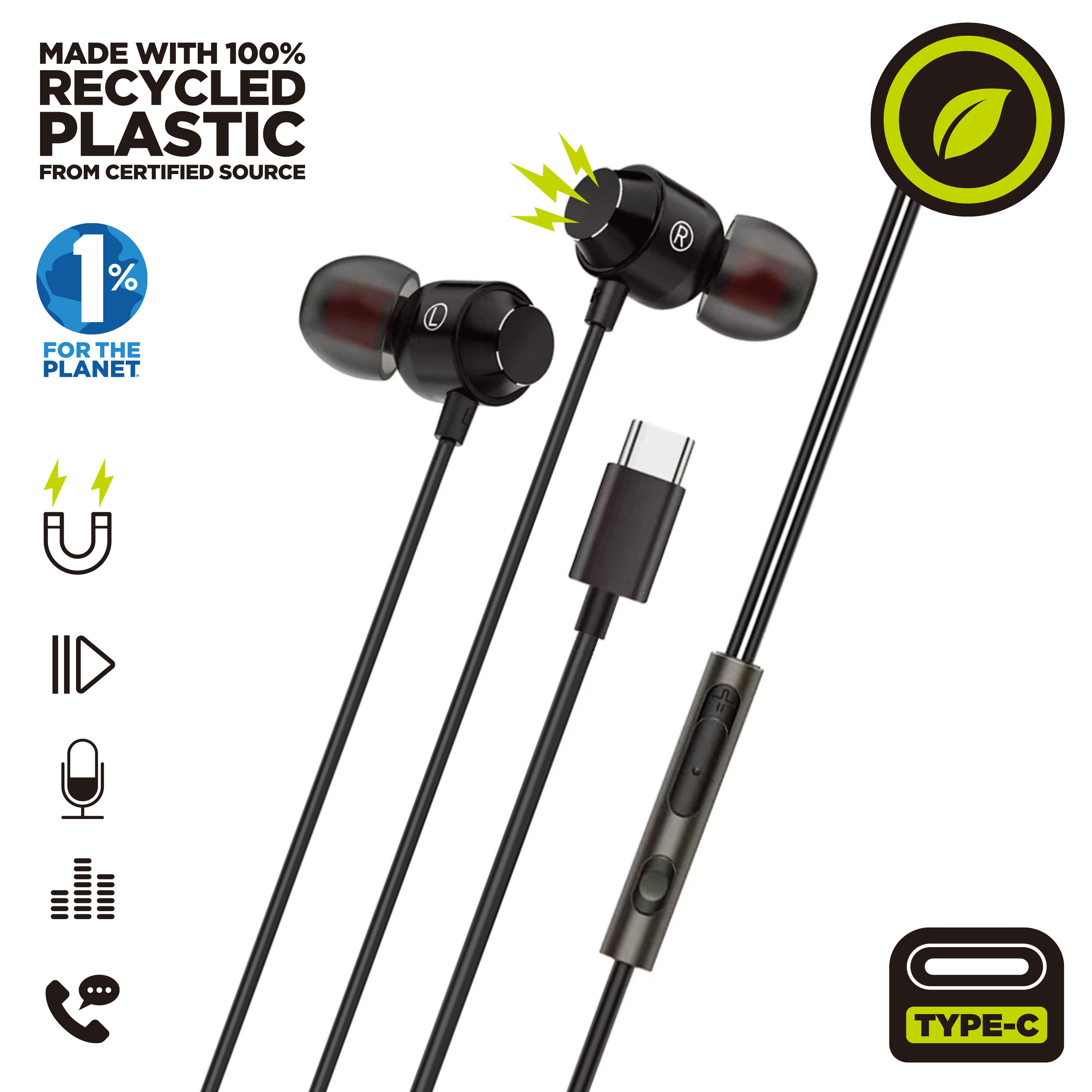 Auriculares Muvit For Charge Estéreo M32 Tipo C Magnéticos - Negro  MKP