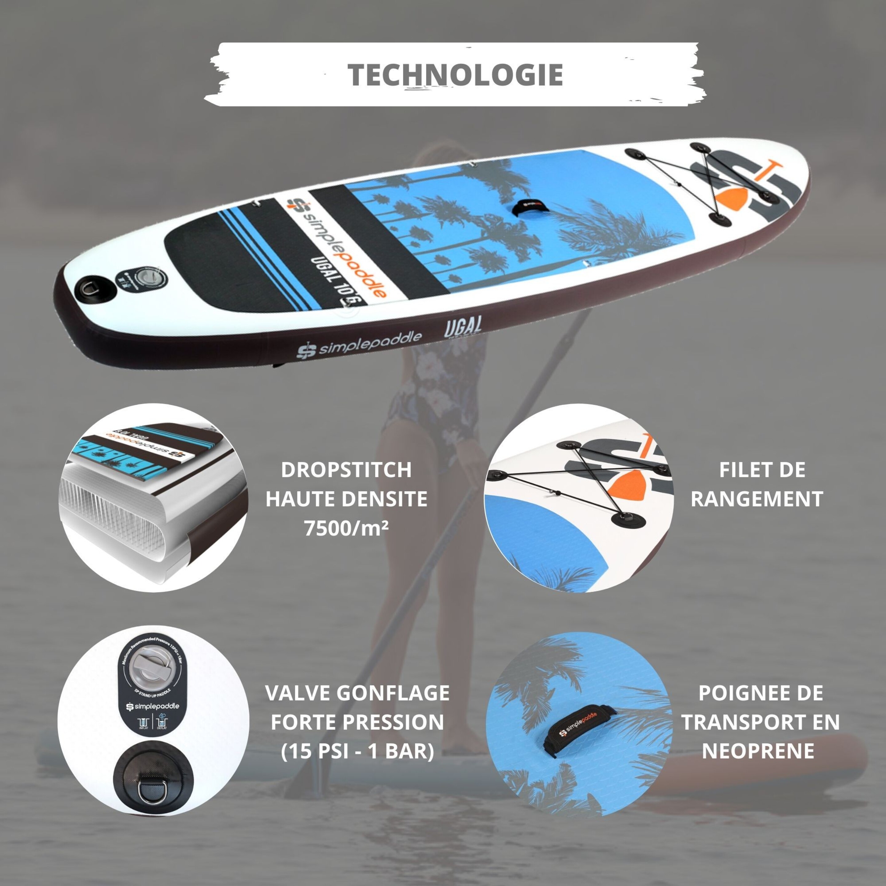 Paddle Hinchable 10'6 - Ugal - Con Remo, Leash, Inflador, Mochila De Transporte