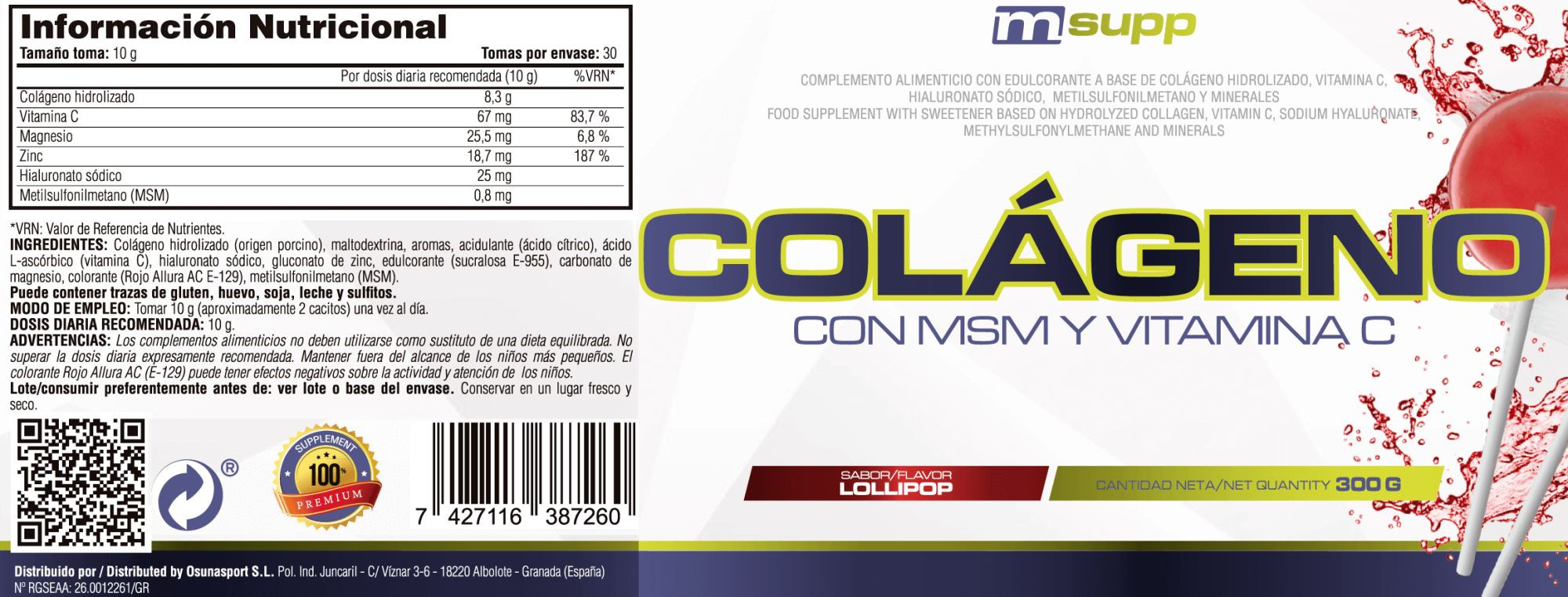Colágeno Con Msm Y Vitamina C - 300g De Mm Supplements Sabor Lollipop