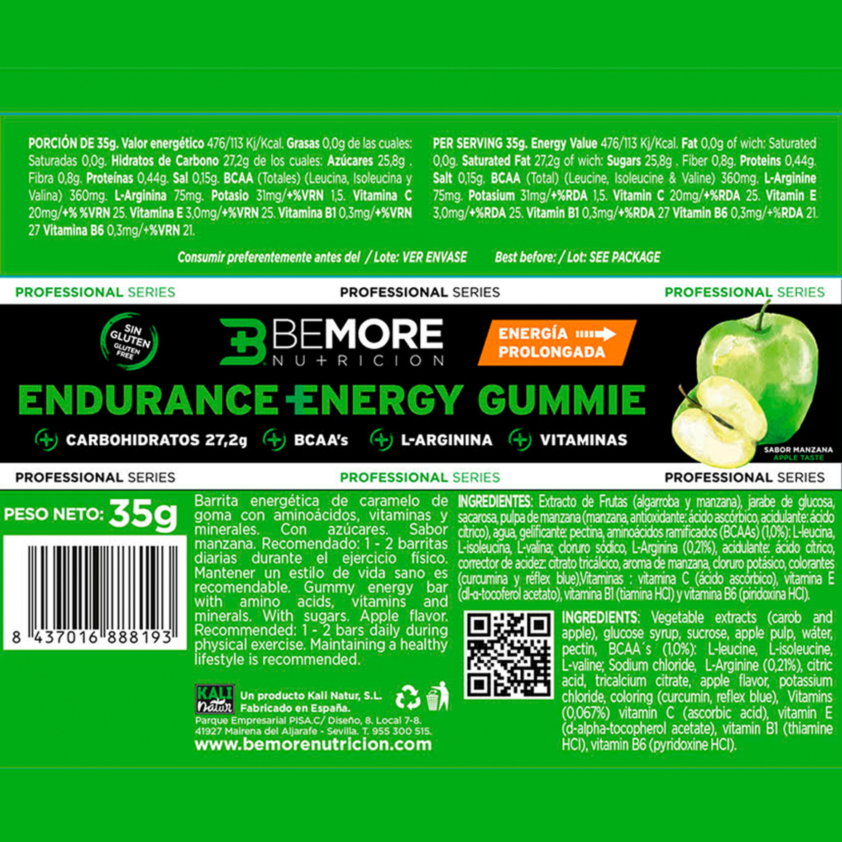 Endurance +energy Gummie Bar. Energía Prolongada. Sin Alérgenos. Sabor Manzana Verde