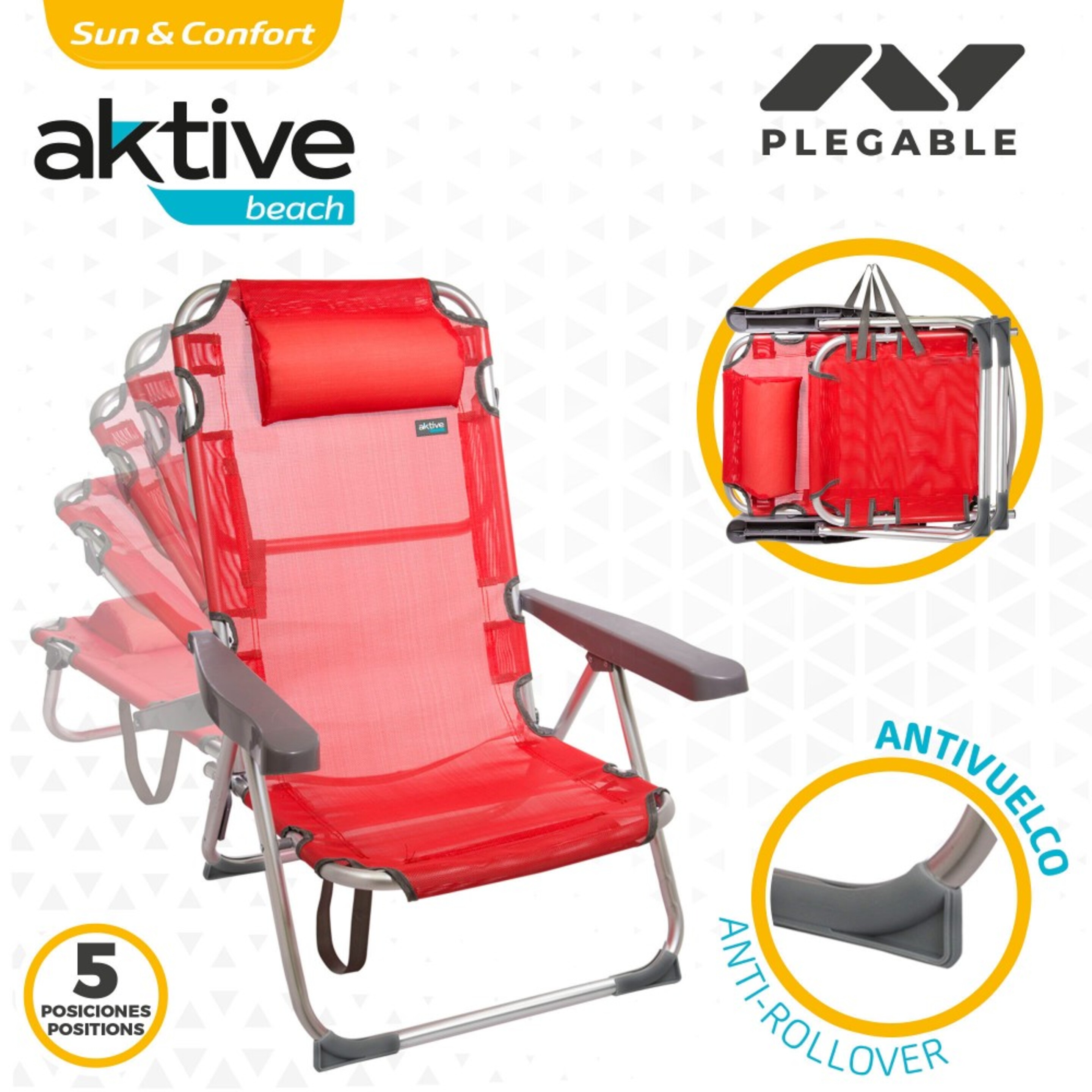 Cadeira Alta Dobrável Multi-posições De Alumínio Aktive Beach - Vermelha