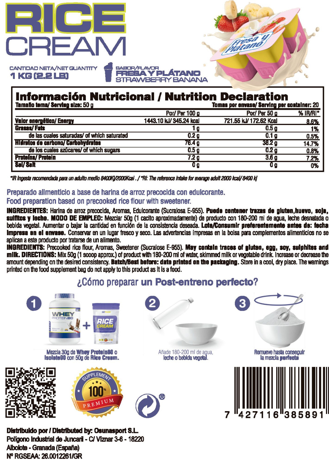 Rice Cream (crema De Arroz Precocida) - 1kg De Mm Supplements Sabor Fresa Banana  MKP