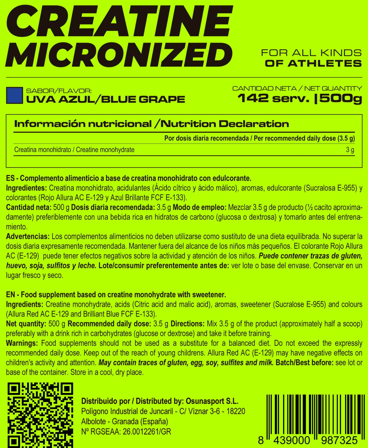 Creatina Micronizada 200 Mesh - 500g De Masmusculo Fit Line Sabor Uva Azul