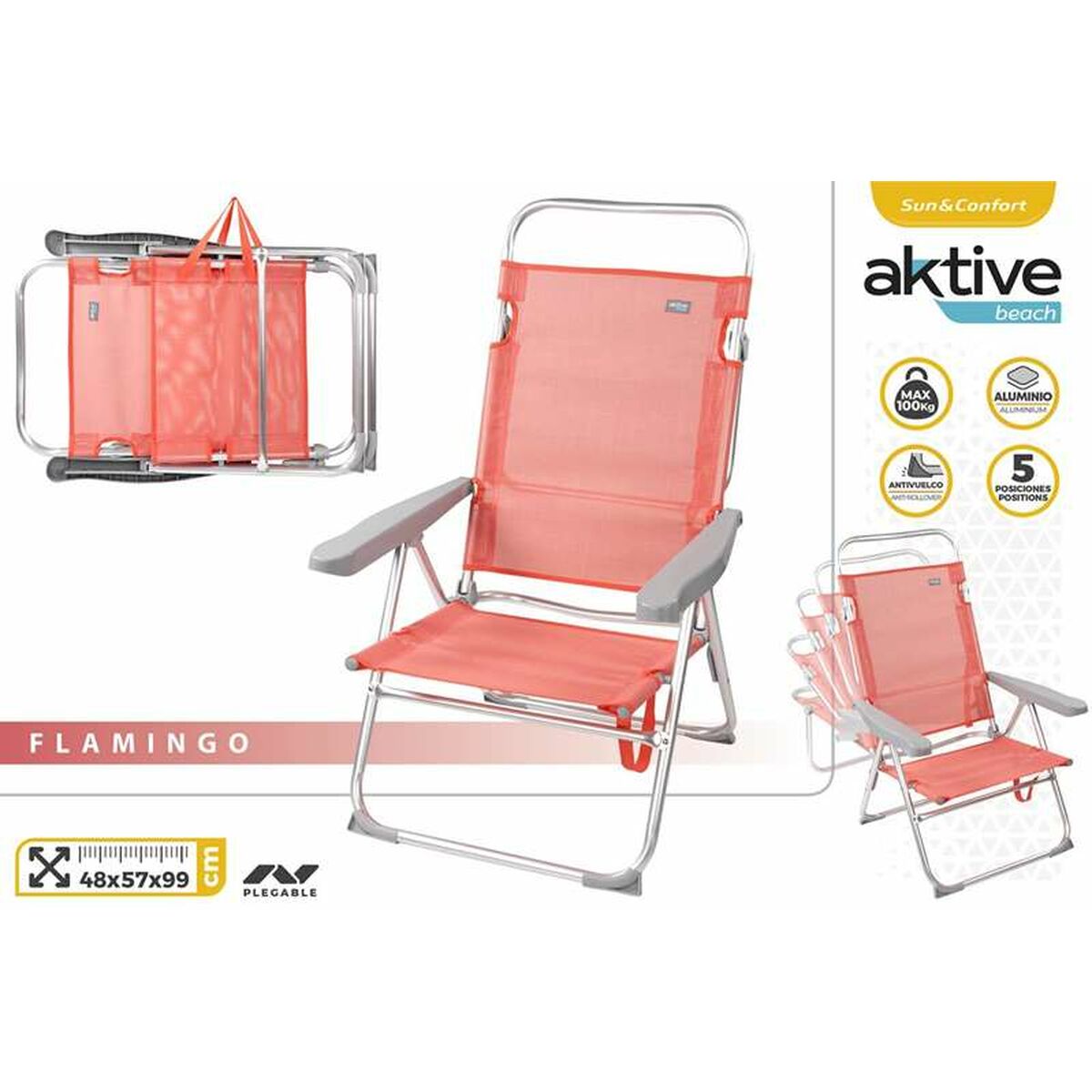 Cadeira Alta Reclinável De Alumínio Aktive Beach - Coral - Cadeira de Praia Colorbaby | Sport Zone MKP