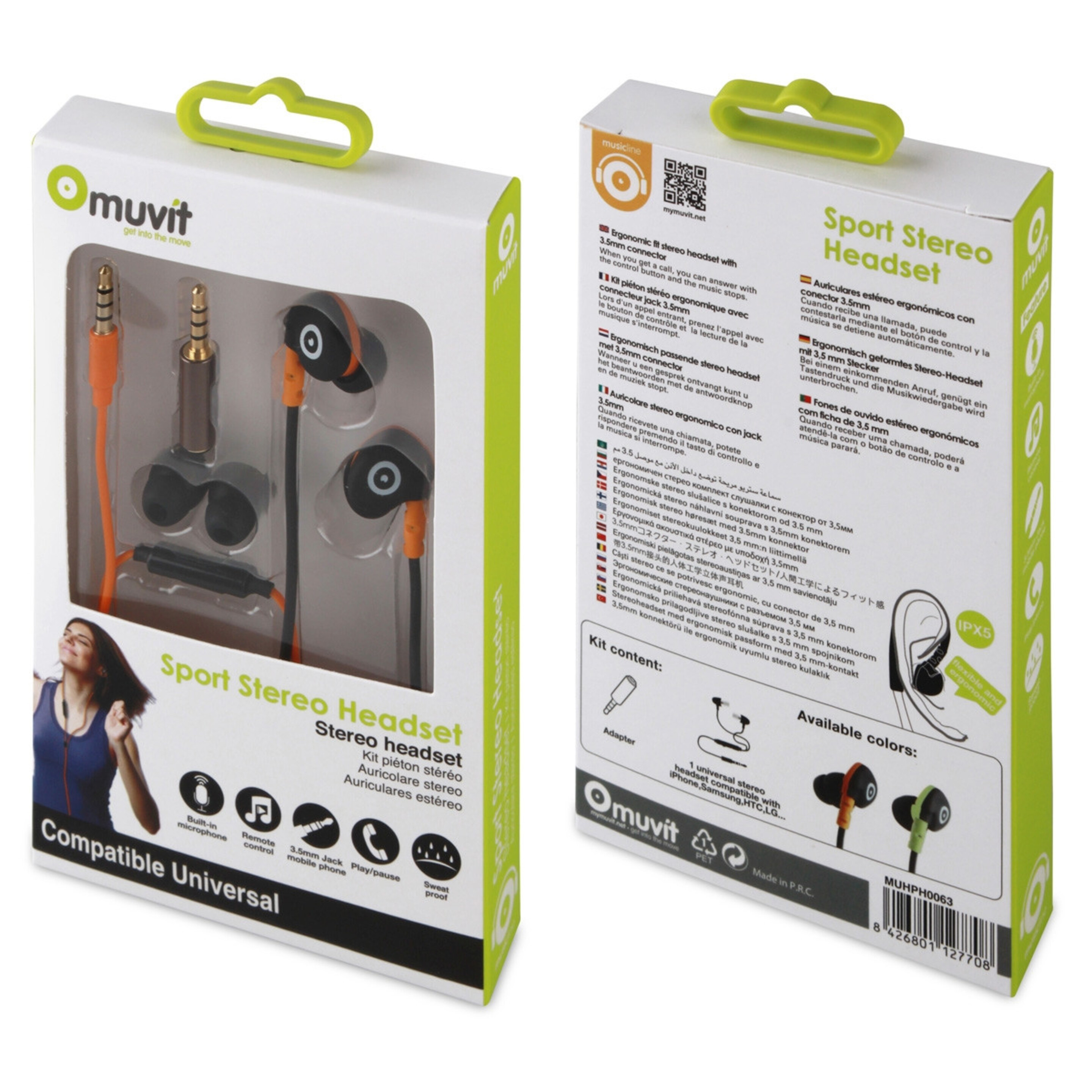 Muvit Auriculares Estéreo Con Micrófono 3,5mm Resistente Al Sudor Negro/naranja