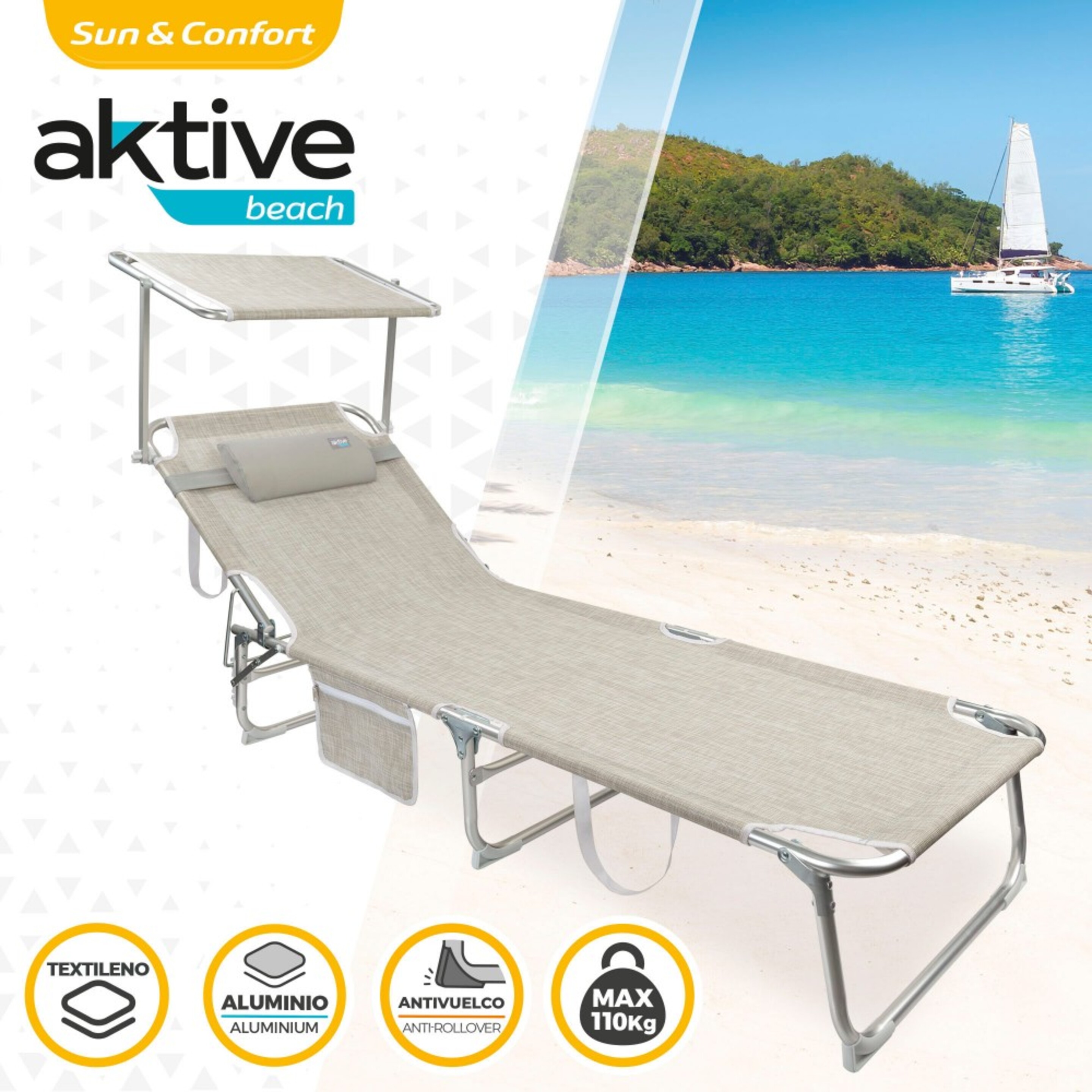 Tumbona Plegable Con Parasol Y Cojín Aktive Beach - Beige - Tumbona De Playa Aktive  MKP