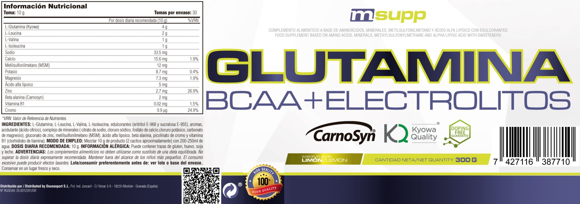 Glutamina + Bcaa + Electrolitos - 300g De Mm Supplements Sabor Limon