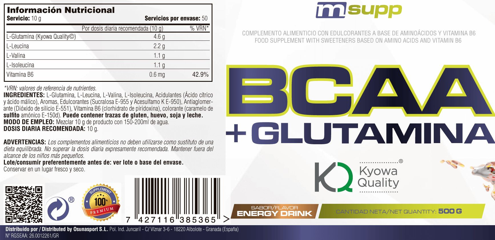 L-glutamina Kyowa + Bcaa - 500g De Mm Supplements Sabor Bebida Energetica