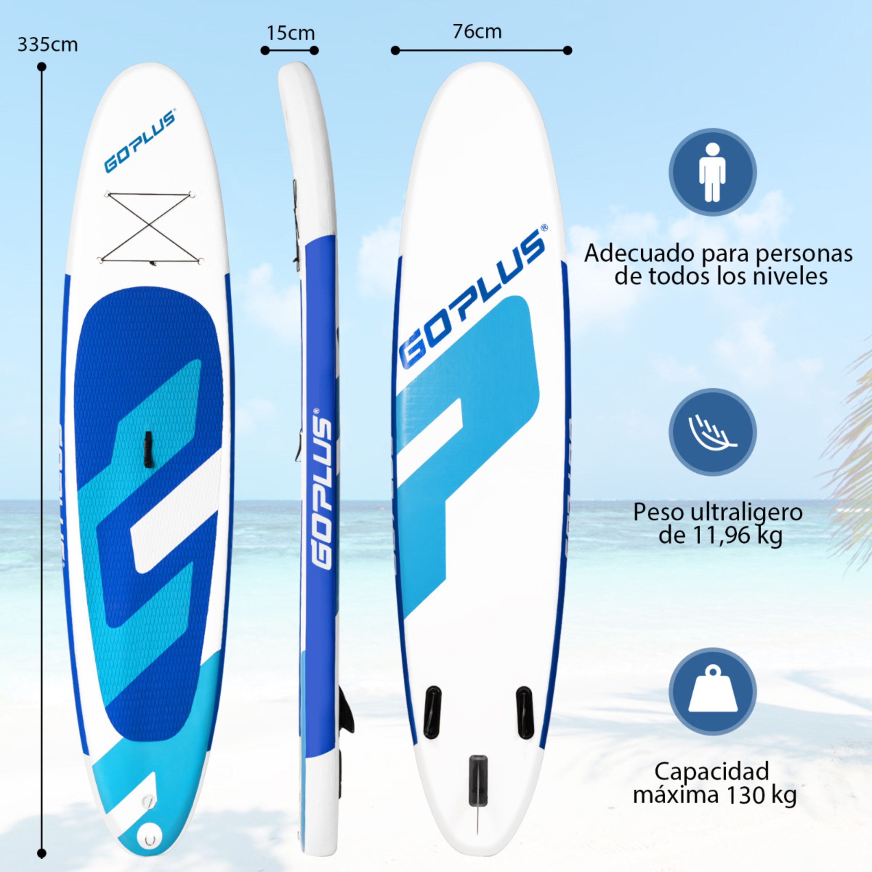 Costway Tabla De Paddlesurf Hinchable 335 Cm Sup Board Con Accesorios - Azul/Blanco - Tabla De Surf  MKP