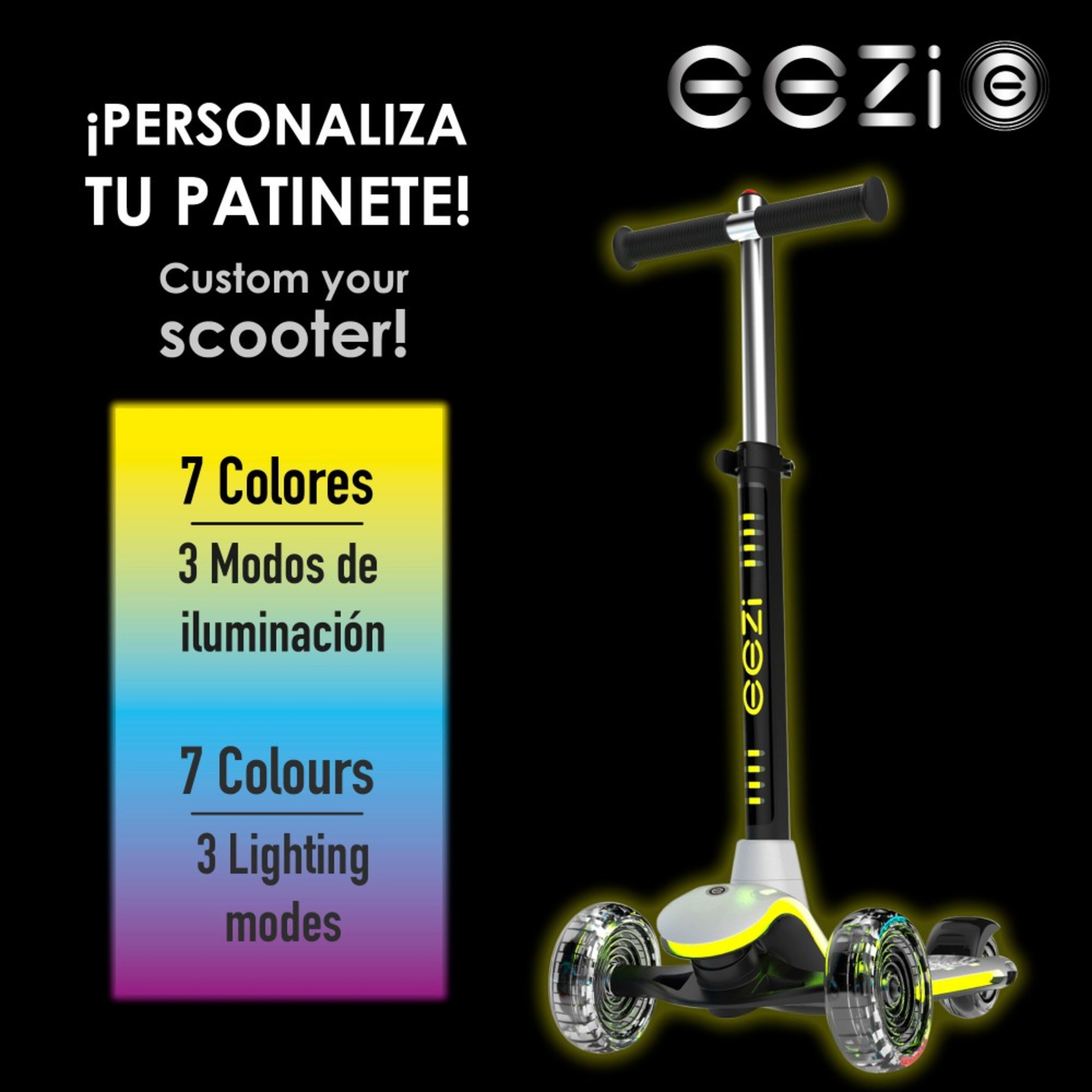 Patinete 3 Ruedas Con Luces Multicolor Personalizables Eezi - Blanco  MKP