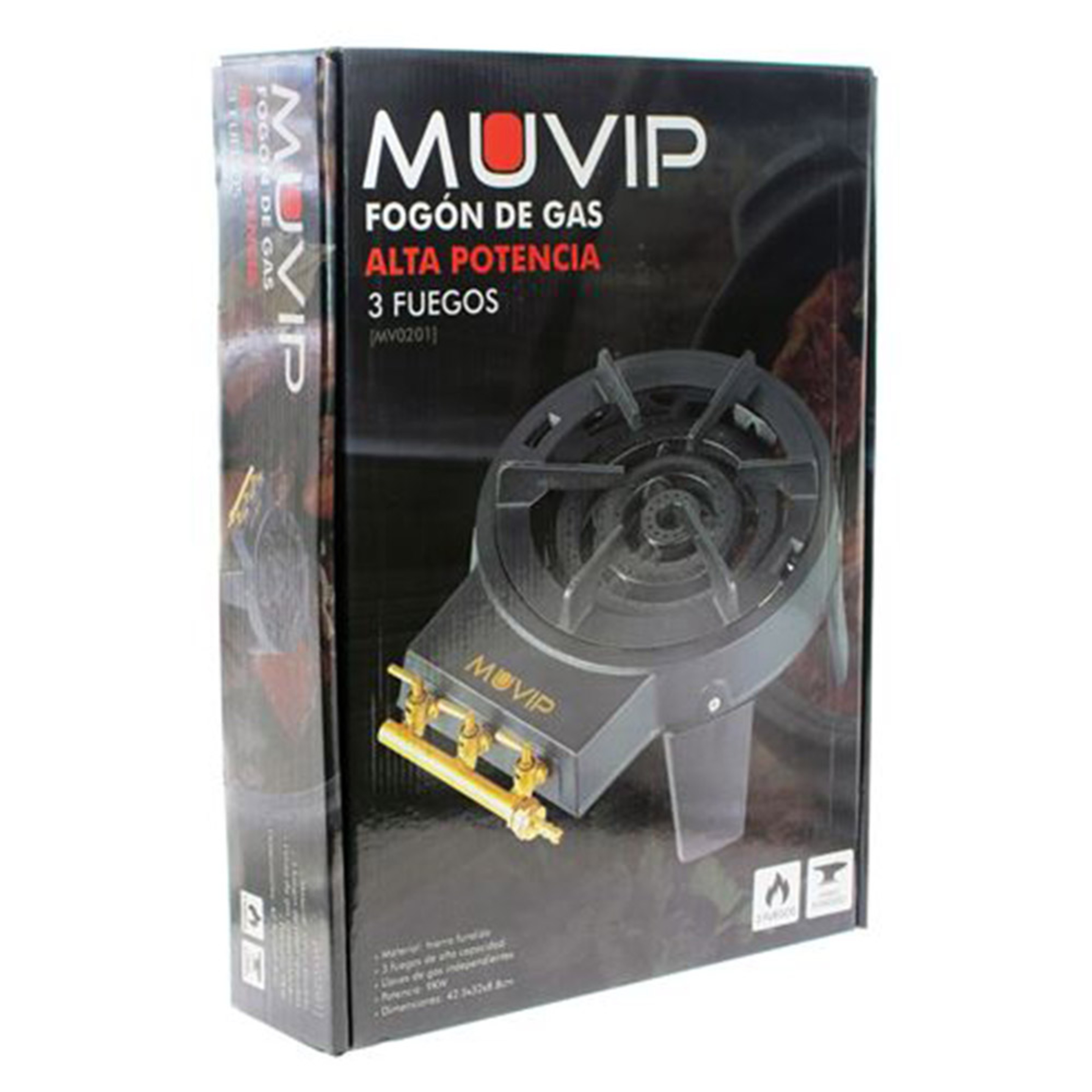 Fogón De Gas Alta Potencia 3 Fuegos Muvip - Negro  MKP