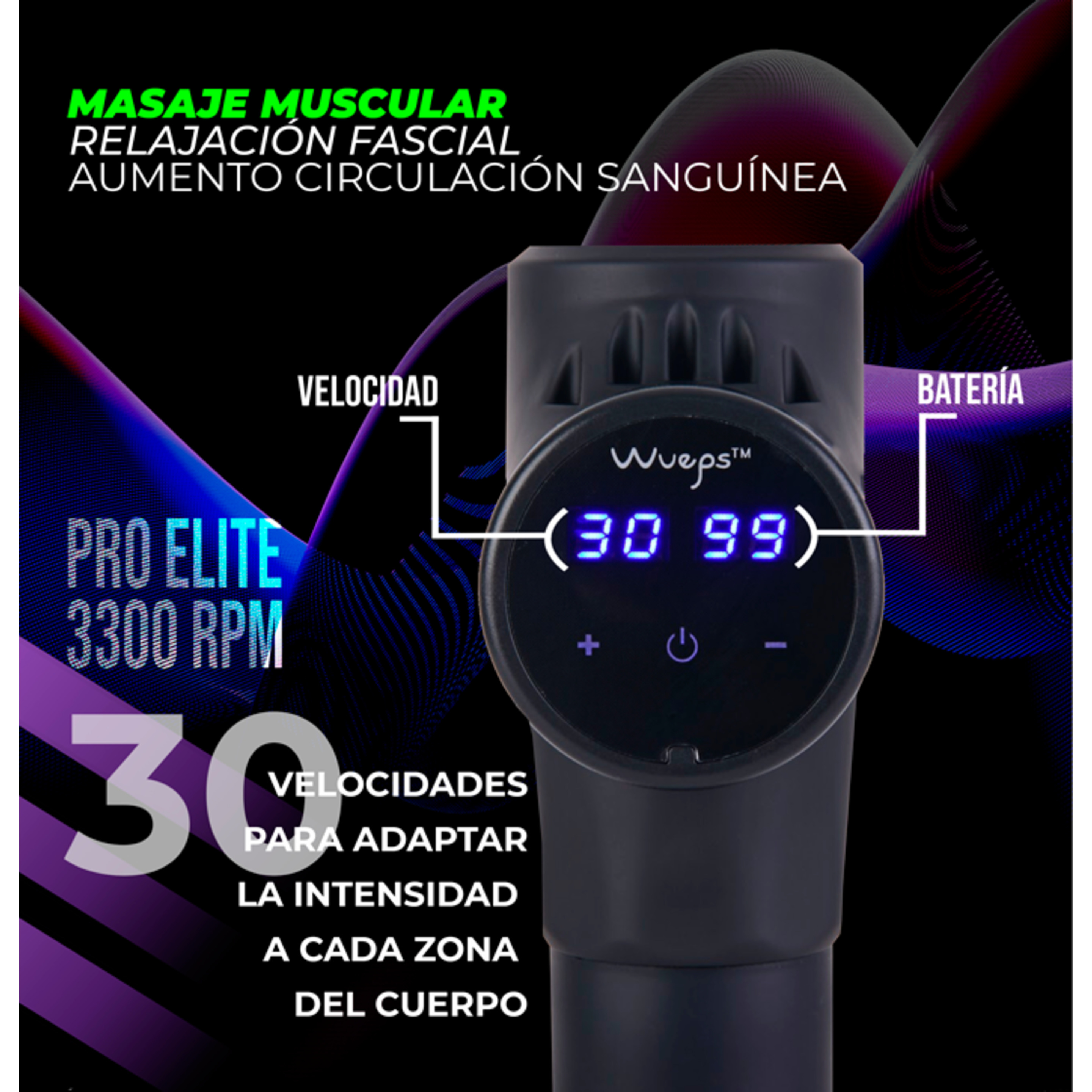 Pistola De Masaje Elite Pro 3300 Fibra De Carbono Con 30 Velocidades | Wueps