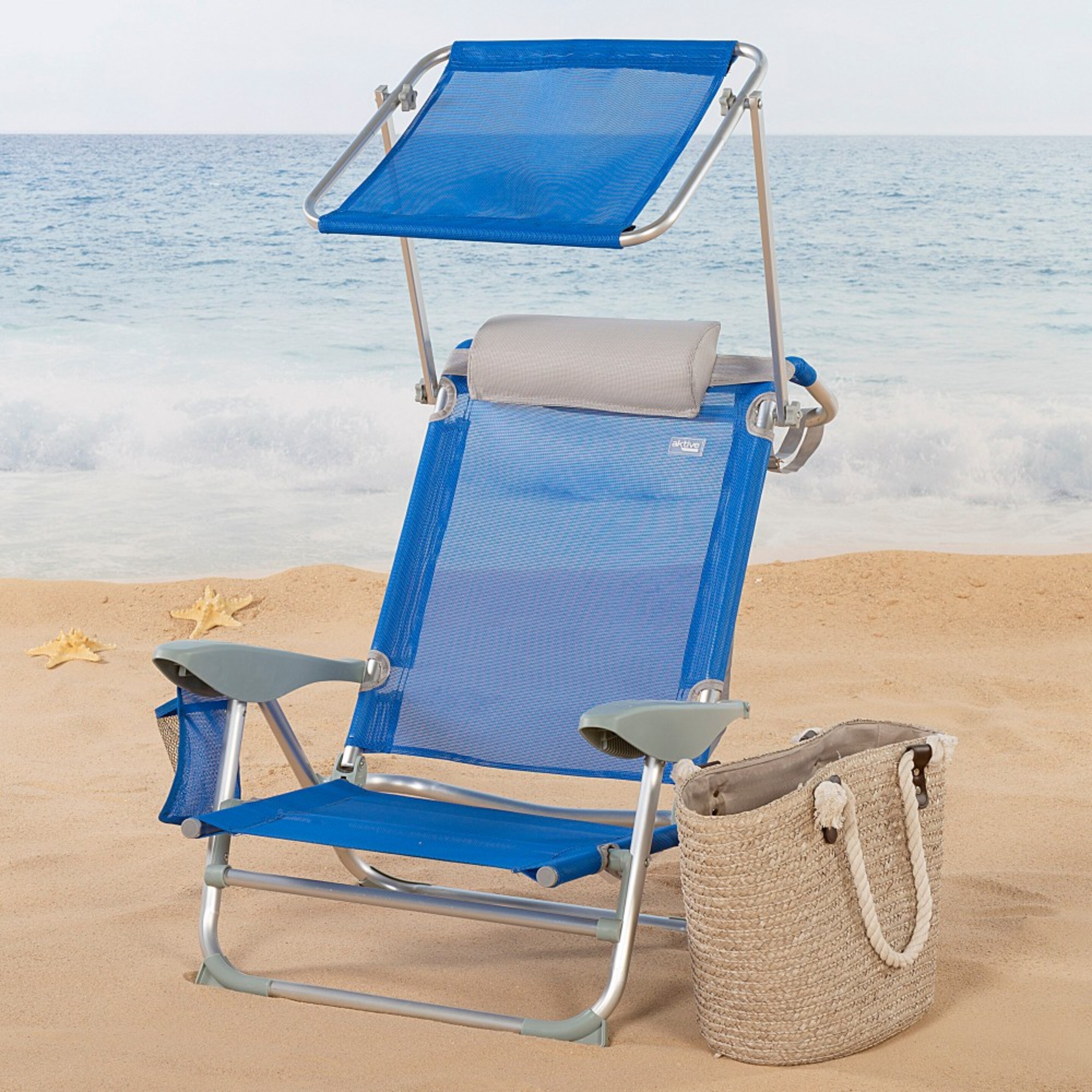 Cadeira De Praia Com Guarda-chuva, Almofada E Bolso Aktive Azul