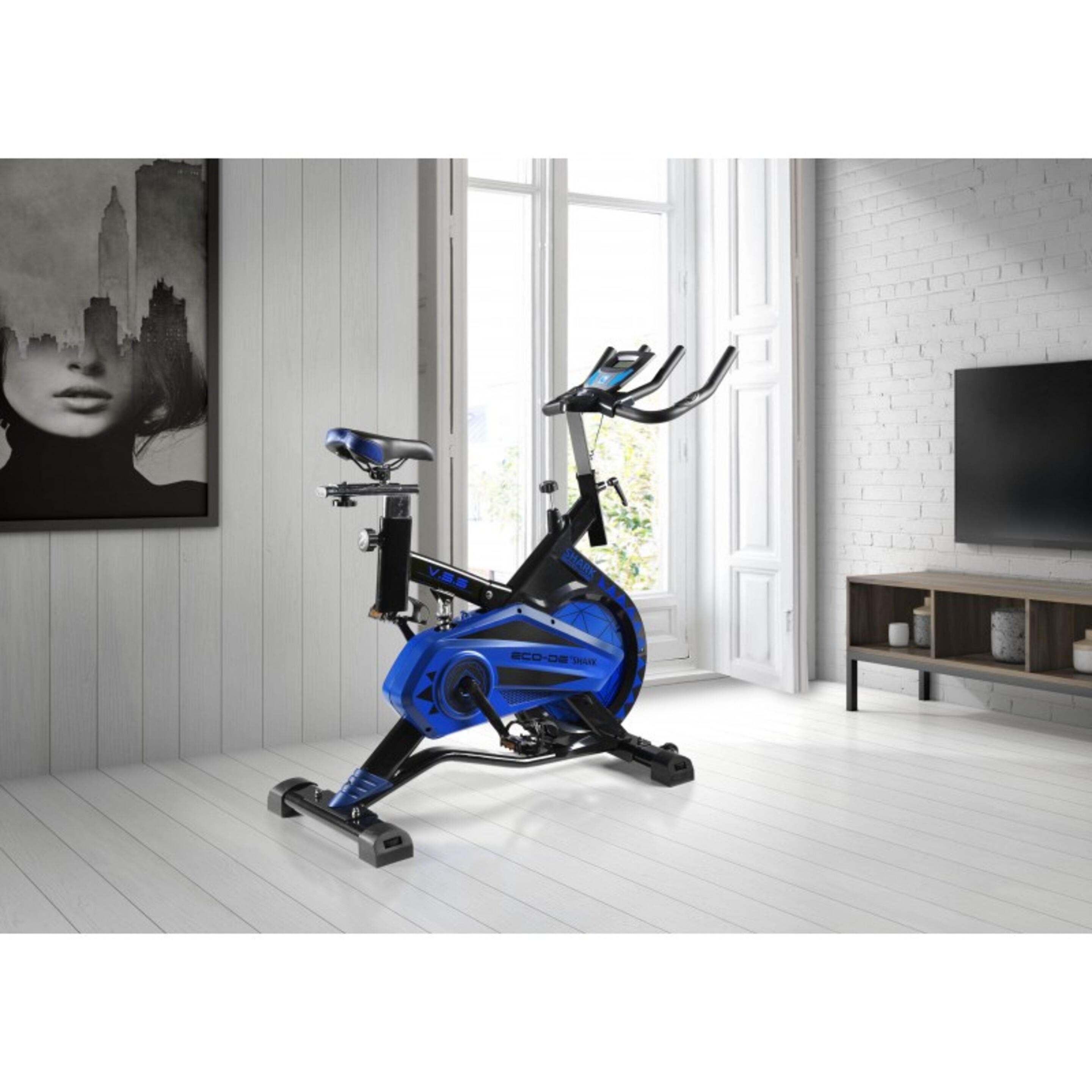 Bicicleta Spinning Ecode Shark Rueda Inercia 20kg - Negro/Azul  MKP