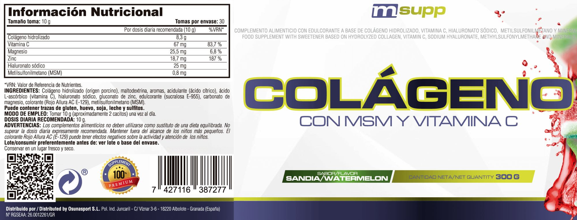 Colágeno Con Msm Y Vitamina C - 300g De Mm Supplements Sabor Sandias De Gominola  MKP