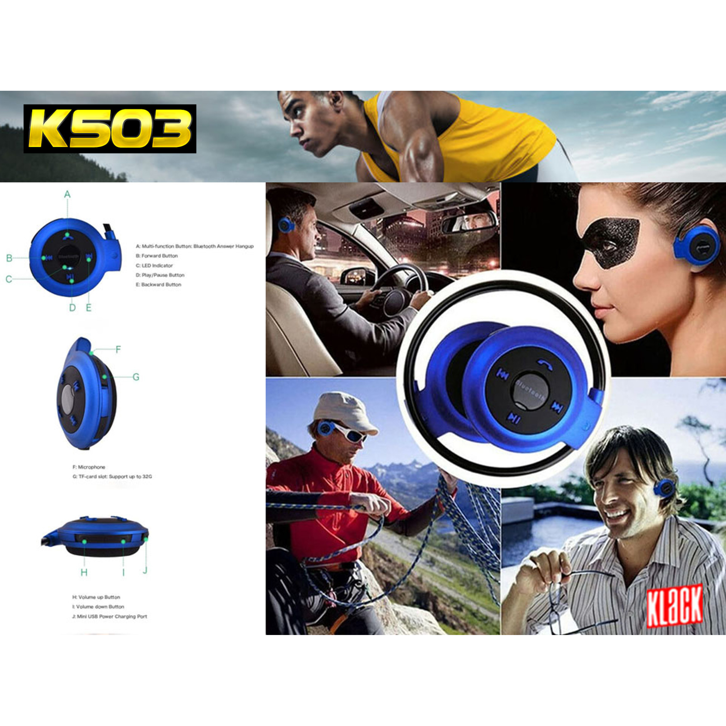 Auriculares Bluetooth Inalambrico Radio Fm Tarjeta Sd - Azul - 503  MKP