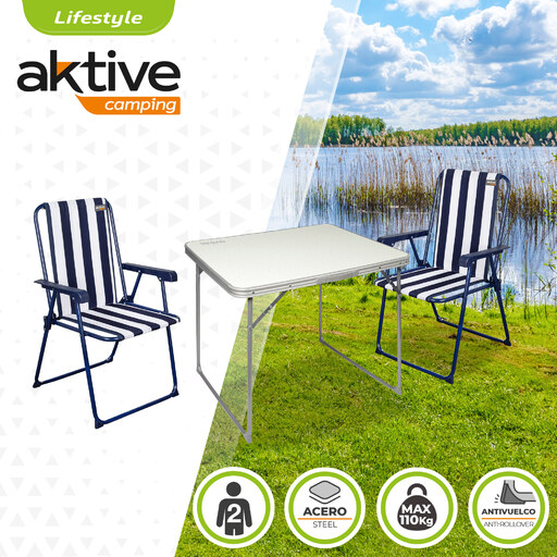 Aktive 52892 - Mesa plegable y portátil para camping con sillas, Todo en 1, Conjunto que incluye 4 taburetes, 81,5x135,5x67cm