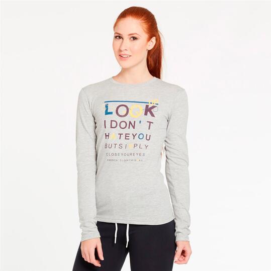 Camiseta Manga Larga UP STAMPS Gris Mujer